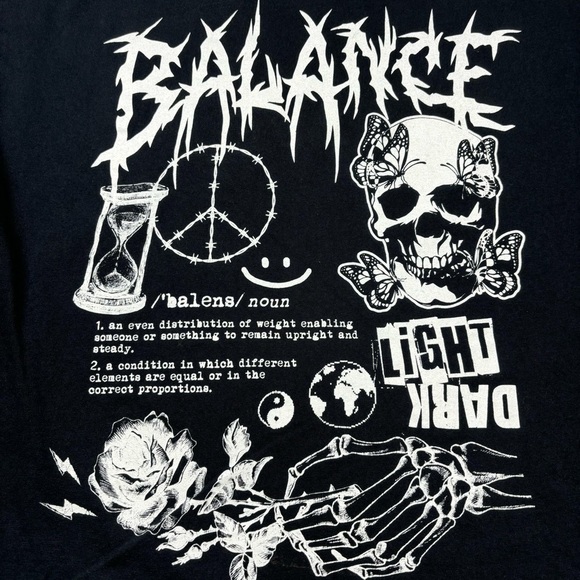 DOM Shirt Mens Large Graphic Tee Crewneck Balance Skull Rose Skeleton Peace Dark - Picture 3 of 5